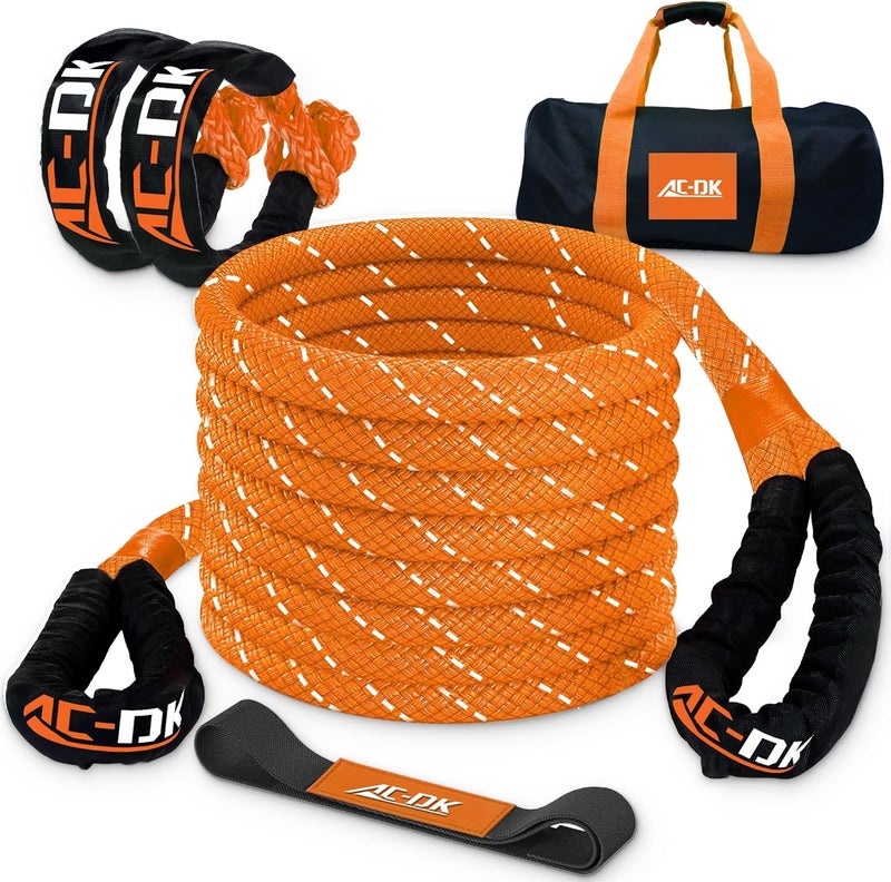 AC-DK Kinetic Recovery Rope (1in x 30ft ‎Yellow) 48000lbs Snatch Strap,Heavy Duty Stretch Nylon Towing Ropes with 2pcs Soft Shackles for Offroad Vehicle,Jeep,SUV,ATV,UTV,Tractor Elastic Ropes Kit - Image 1